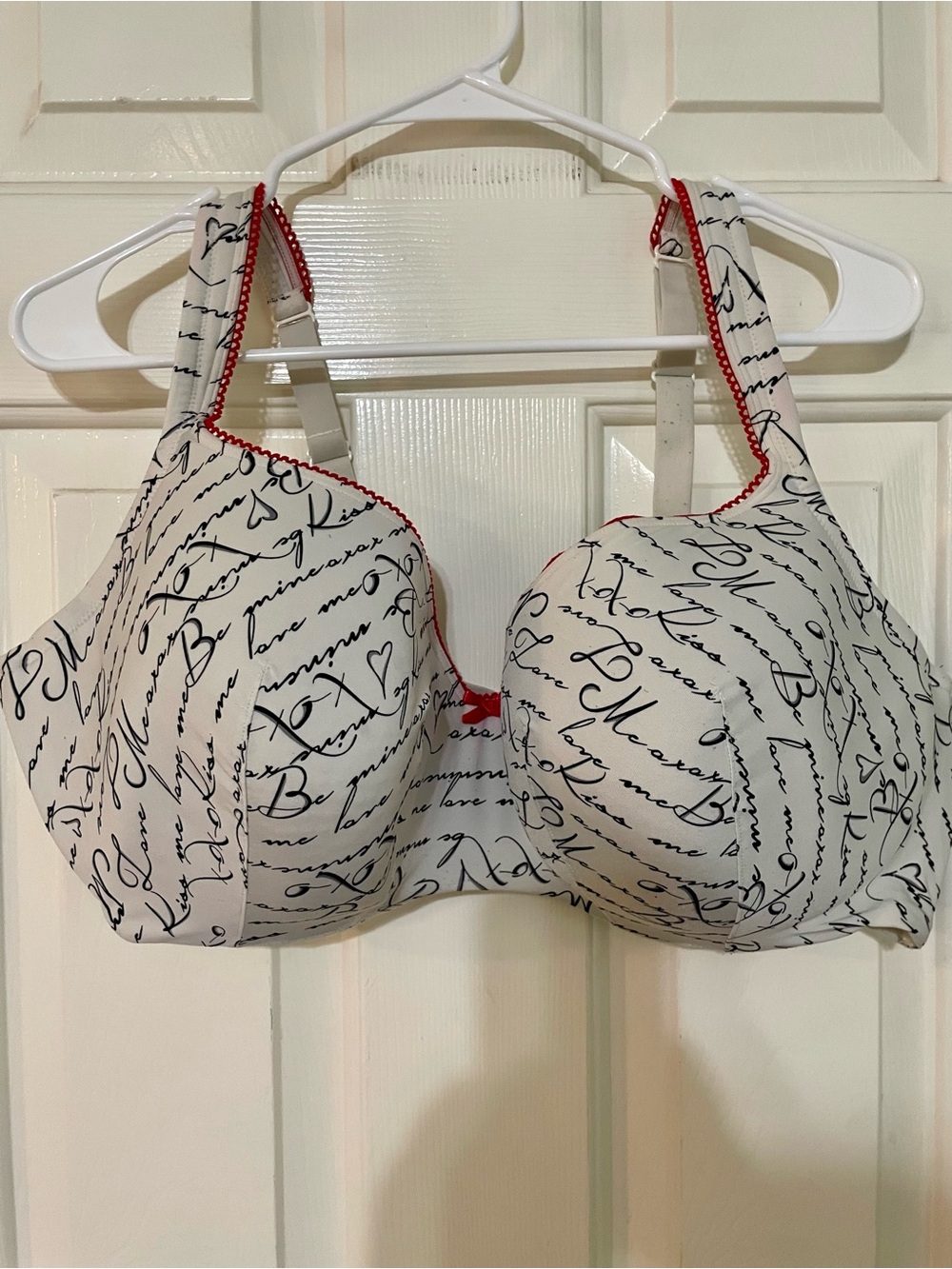 Cacique Cream Script-Print Bra with Red Trim